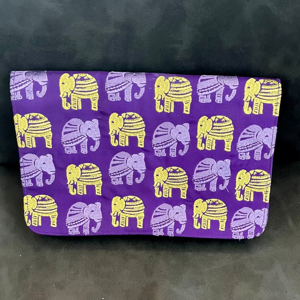 SHIRALEAH Purple gold Silk Clutch embroidery Elephants.